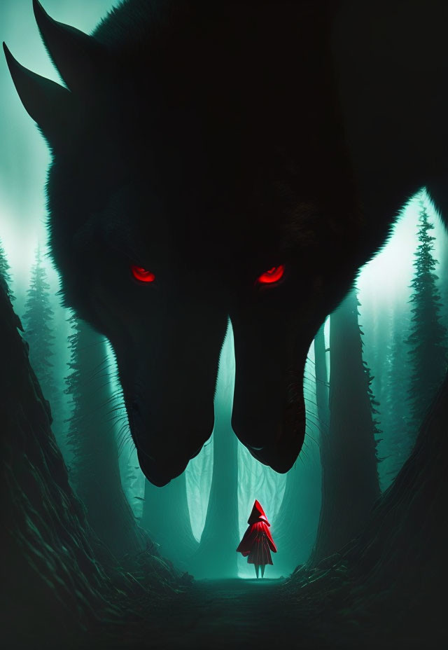 Red cloaked figure in forest path with menacing black wolf.