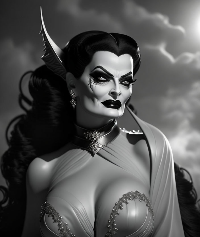 Monochromatic stylized villainous female character with horned headpiece