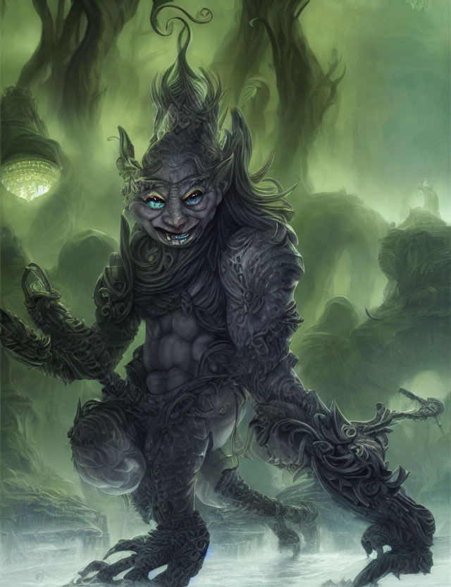 Blue-skinned creature with pointed ears and tribal markings in misty forest