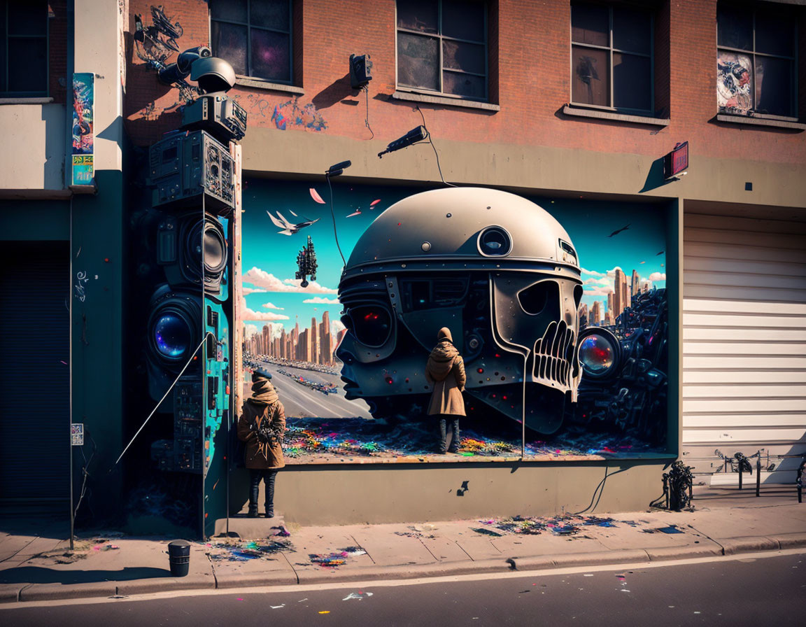 Colorful Street Mural: Futuristic Robot, Speakers, and Observer