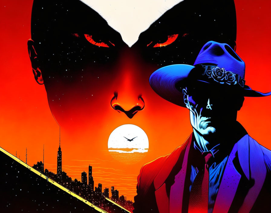 Comic book illustration: Figure in trench coat and hat with city skyline and ominous face