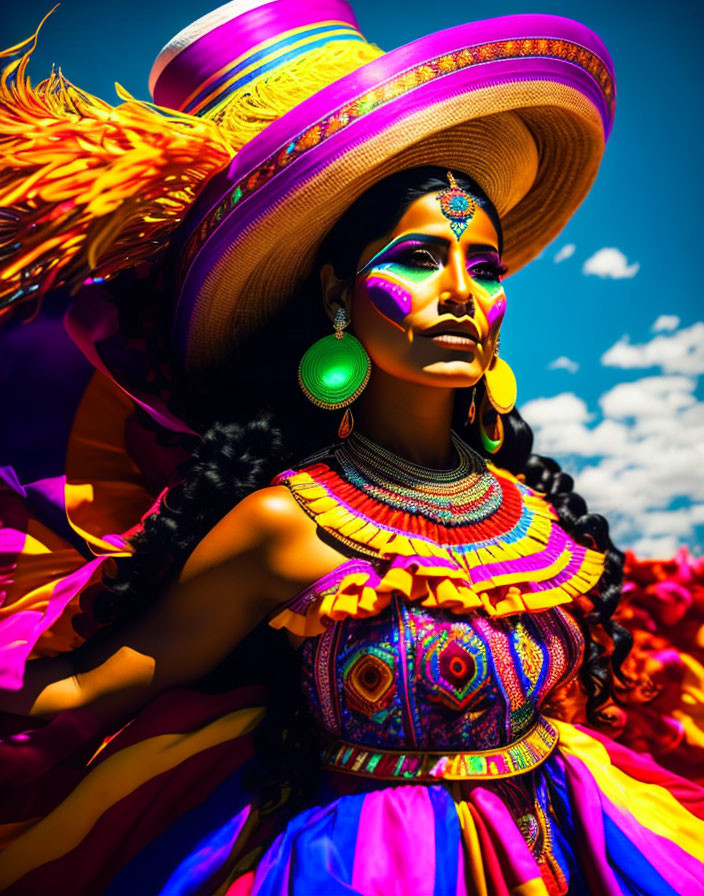 Traditional attire woman with face paint and hat under blue sky