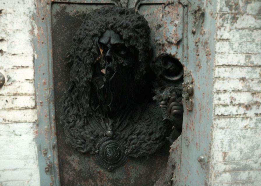 Weathered door with dark metal lion's head knocker on rusty backdrop