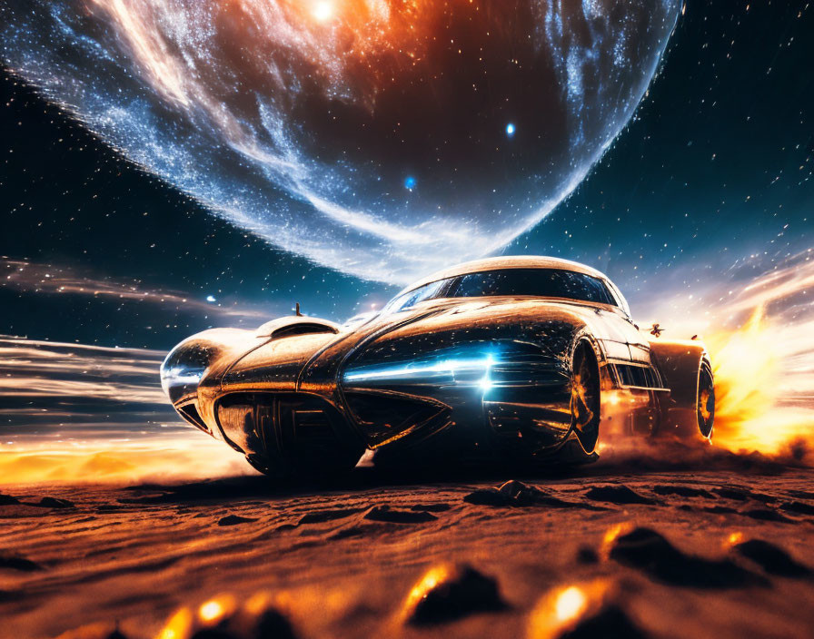 Futuristic car with glowing lights under starry sky.