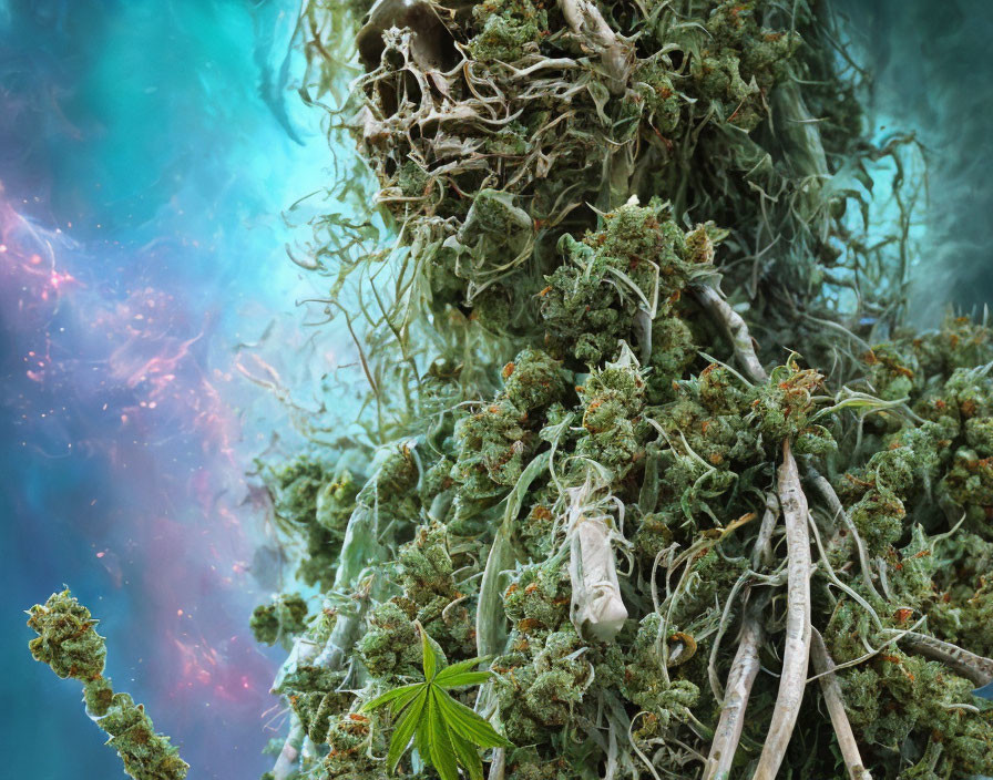 Clustered Cannabis Buds with Trichomes on Blue-Green Background