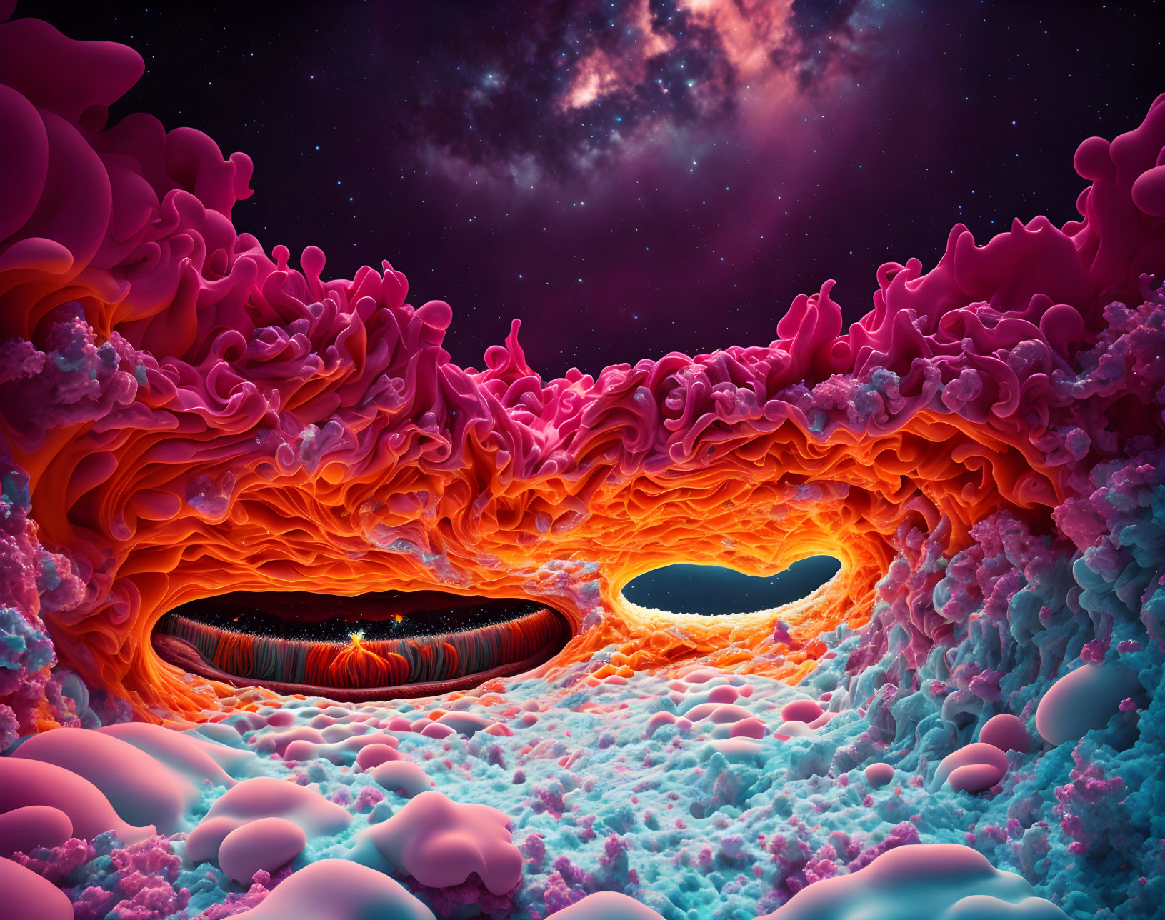 Colorful surreal landscape with molten lava textures and blue accents