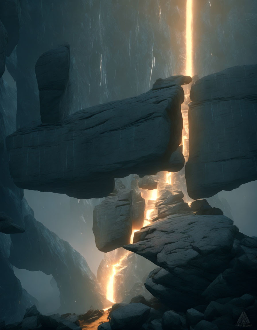 Mystical cavern with floating stone platforms and warm glowing light surrounded by icy walls.