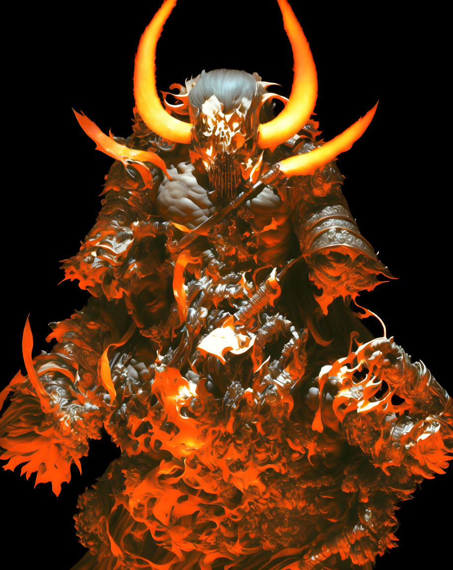 Dark Armored Figure with Glowing Orange Horns in Fiery Shadows