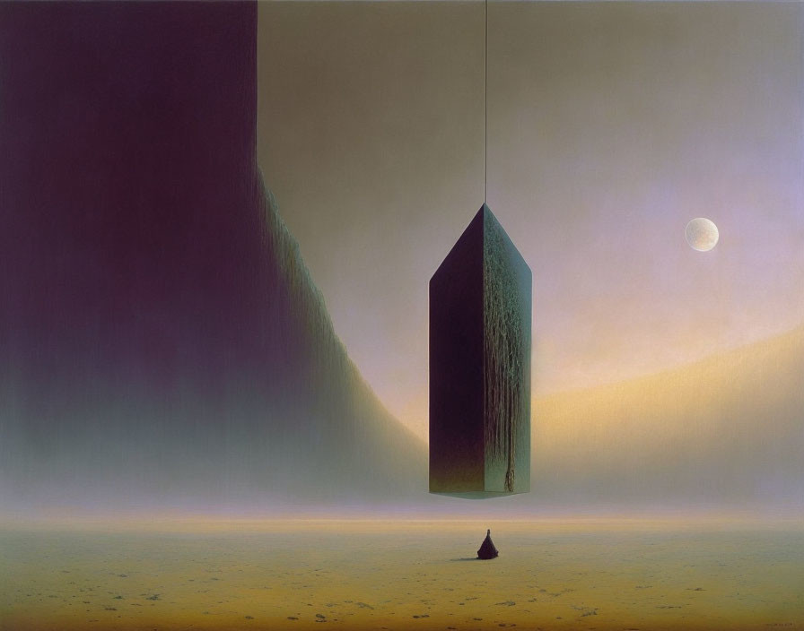 Surreal landscape with hanging monolith, cloaked figure, small moon, and towering walls