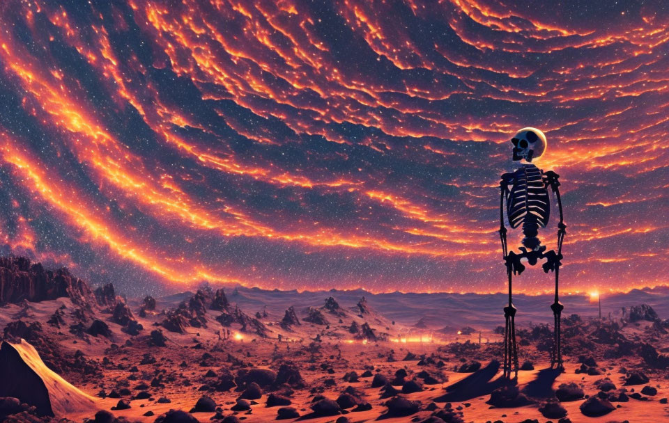 Skeleton in surreal desert with red-orange clouds and stars