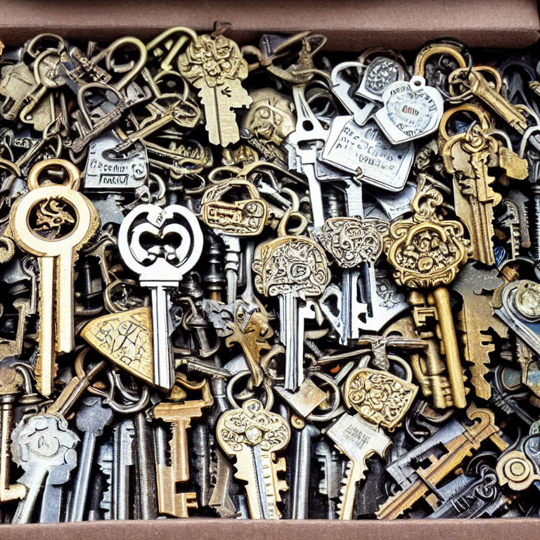 Collection of antique-style metal keys in various shapes and sizes