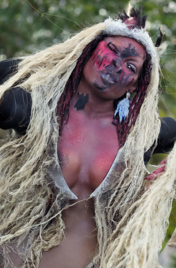 Person in Red and Black Face Paint in Tribal Costume at Cultural Event