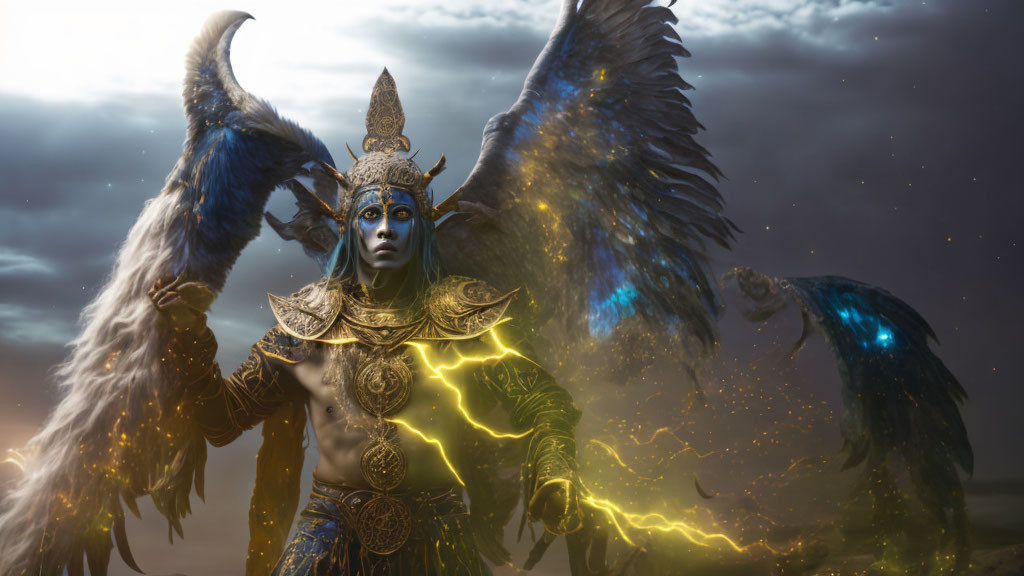 Blue-skinned figure in golden armor with glowing veins and feathered wings under stormy sky