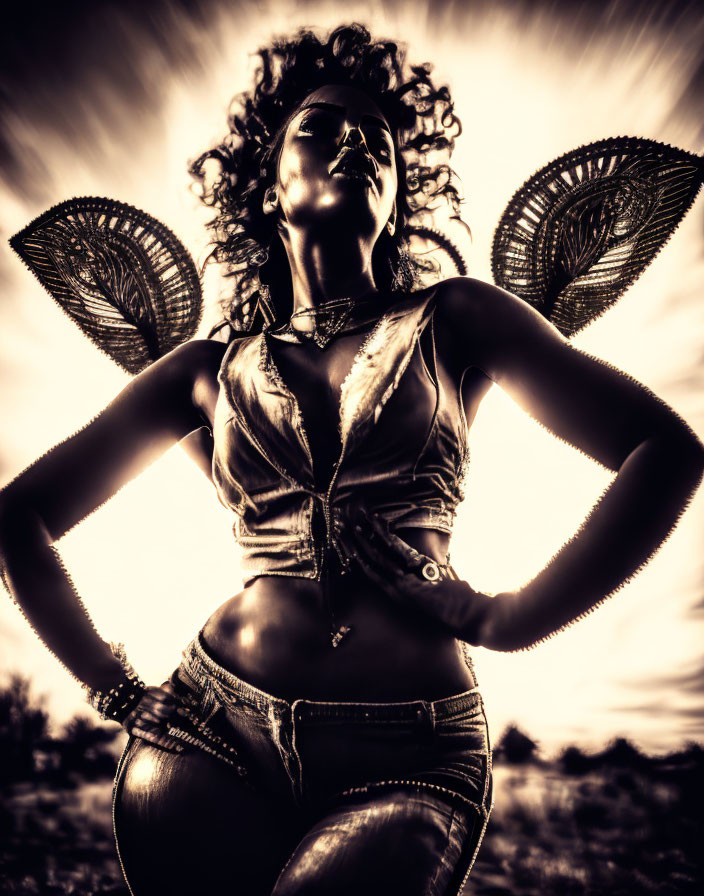 Sepia-Toned Image: Woman with Wings Backlit by Radiant Sun