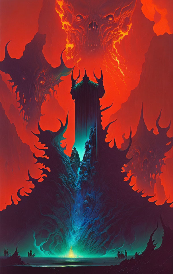 Fantastical fiery landscape with red skies, demonic figures, and blue beacon.