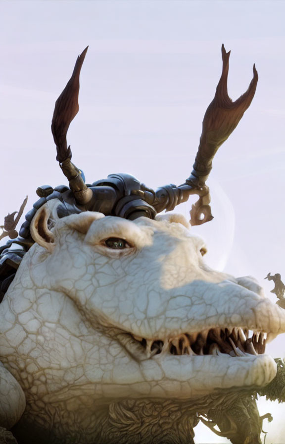 Detailed close-up of fantastical dragon creature with scales, horns, and sharp teeth against pale sky