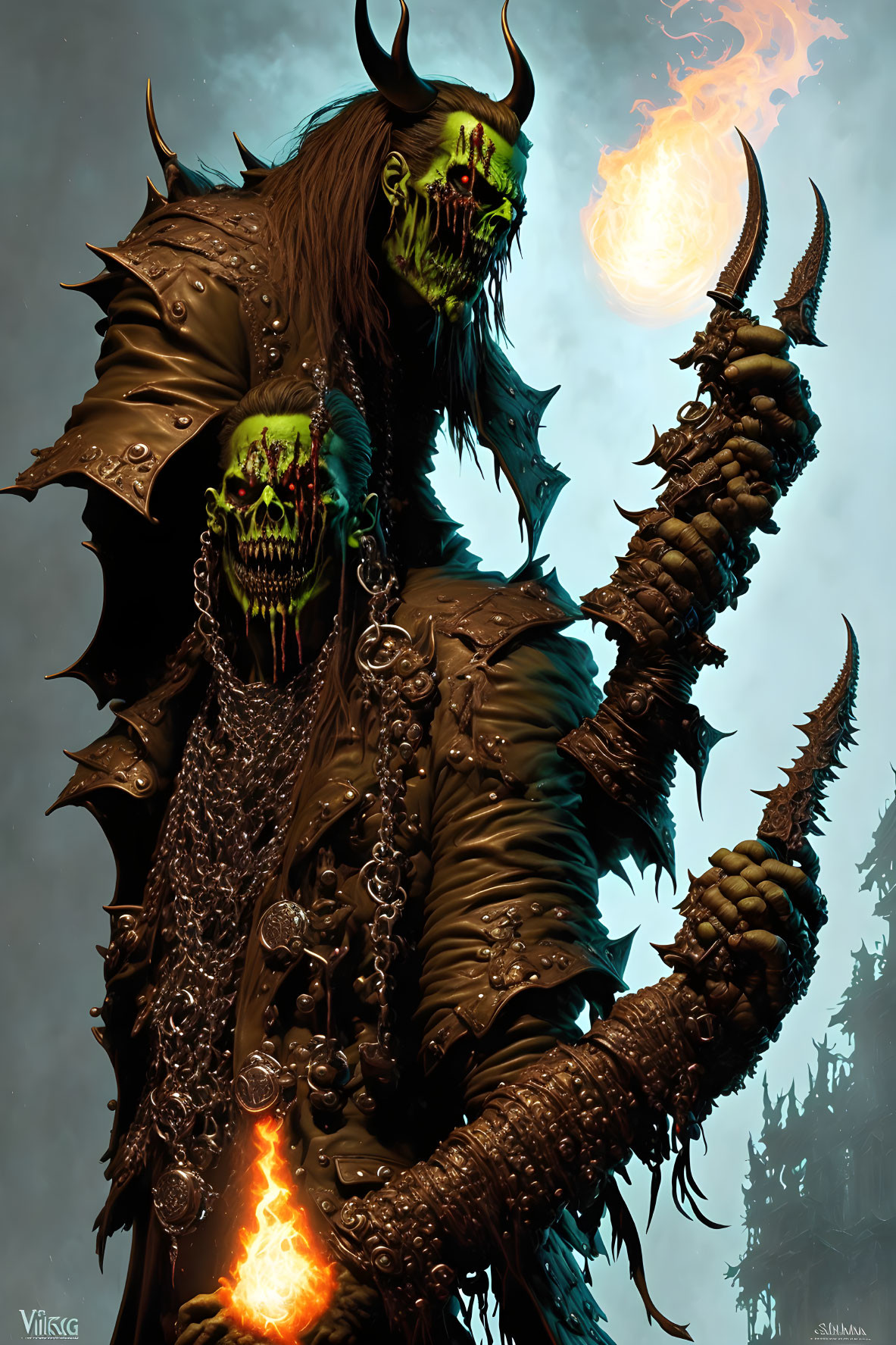 Dual-headed figure with skull faces and glowing eyes under crescent moon.