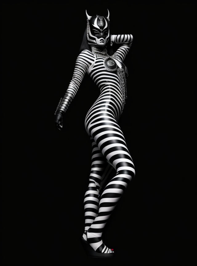 Dramatic Pose in Striped Body Suit and Horned Headdress