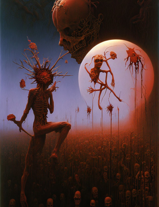 Macabre fantasy scene with skeletal figures and skulls under a large moon