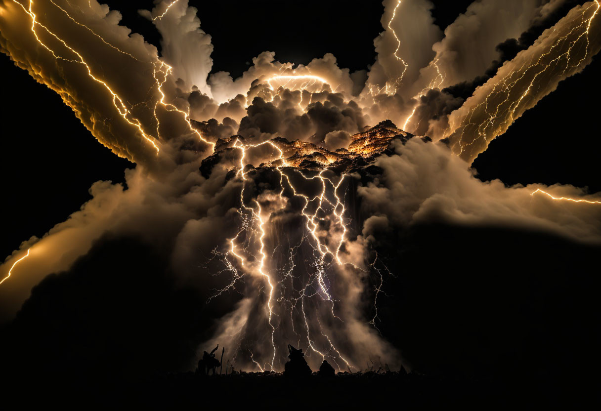 Night-time volcanic eruption with lightning bolts illuminating ash clouds