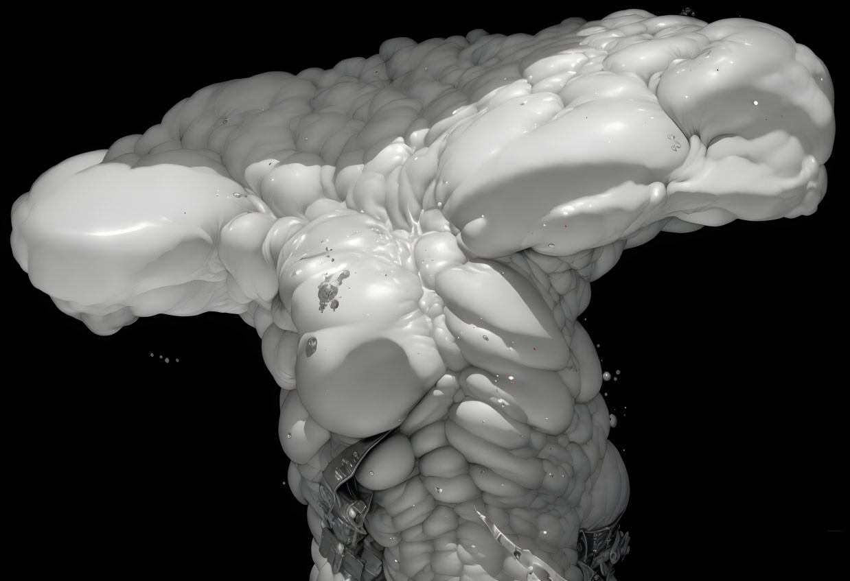 Fluid dynamic simulation in grayscale: Chaotic liquid motion with smooth globular shapes.