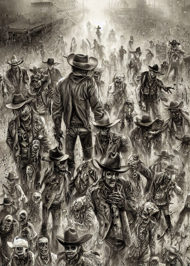 Sepia-Toned Image of Cowboy-Inspired Figures in Western Ghost Town Atmosphere