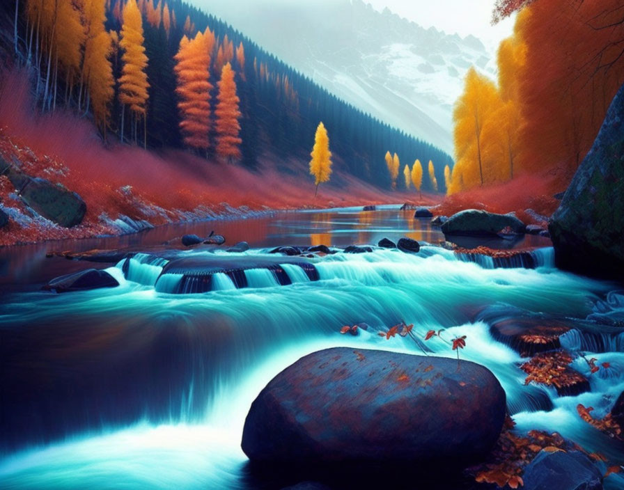 Tranquil river in vibrant autumn landscape