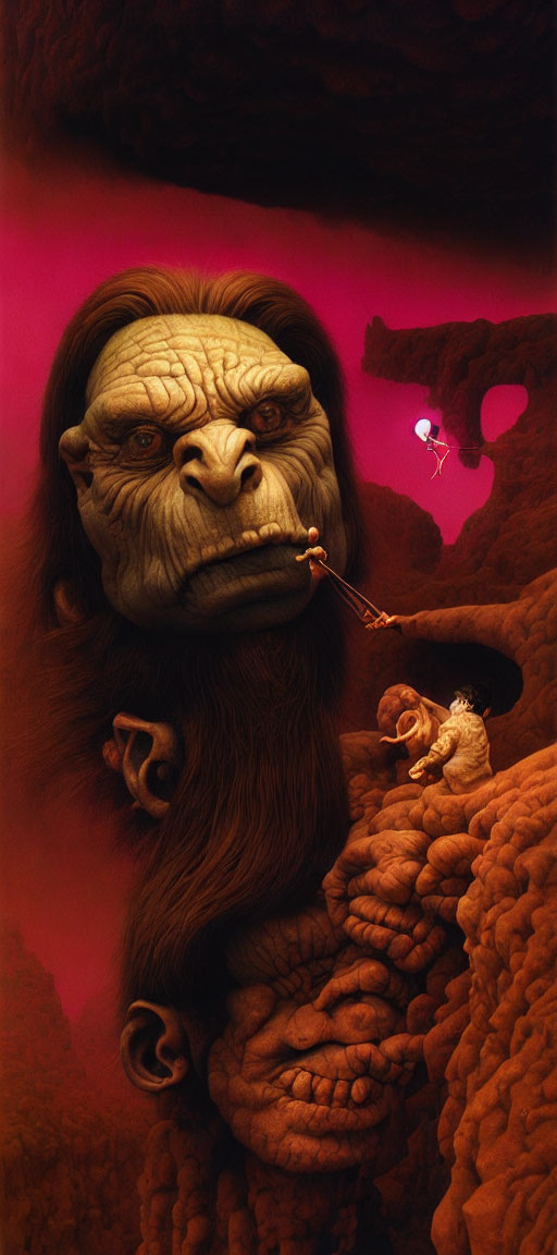 Surreal artwork of large gorilla-like creature with human in red rock environment