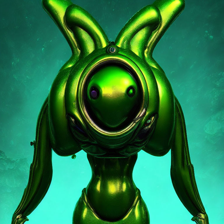 Green humanoid with rabbit-like ears and glowing eye on misty teal background