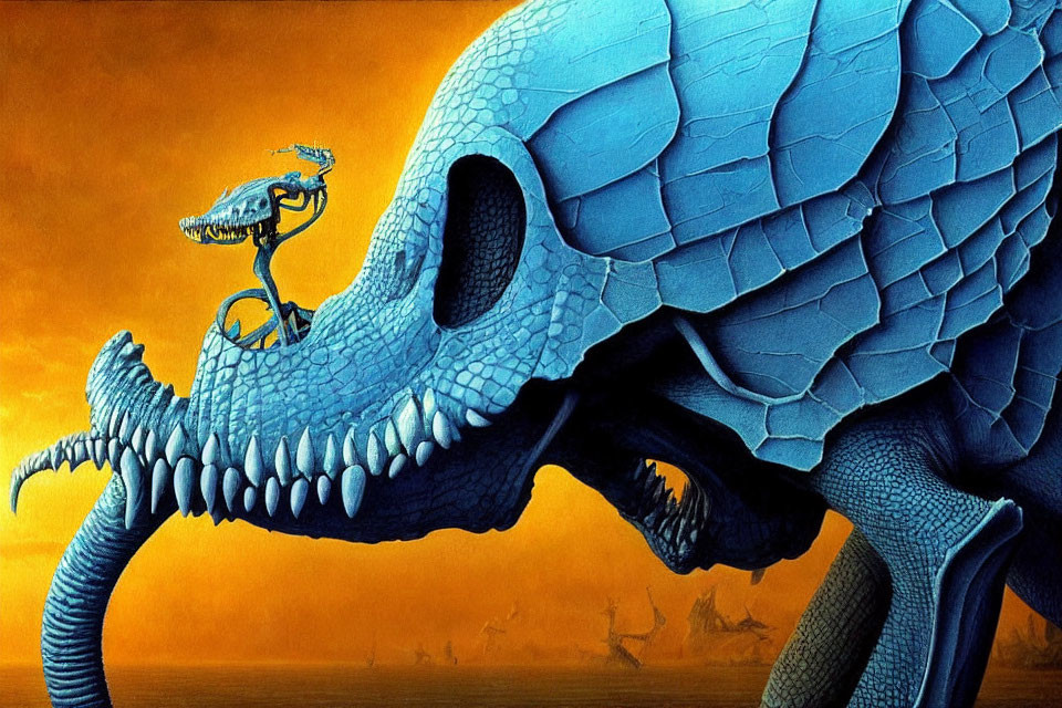 Surreal digital artwork: small figure on bicycle atop blue reptilian skull