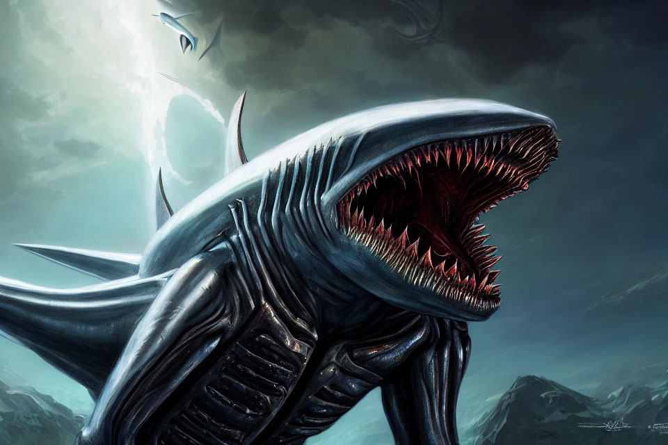 Menacing shark-like creature with armored body in gloomy sky.