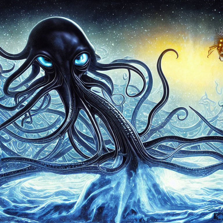 Giant octopus with glowing eyes and diver in swirling ocean depths