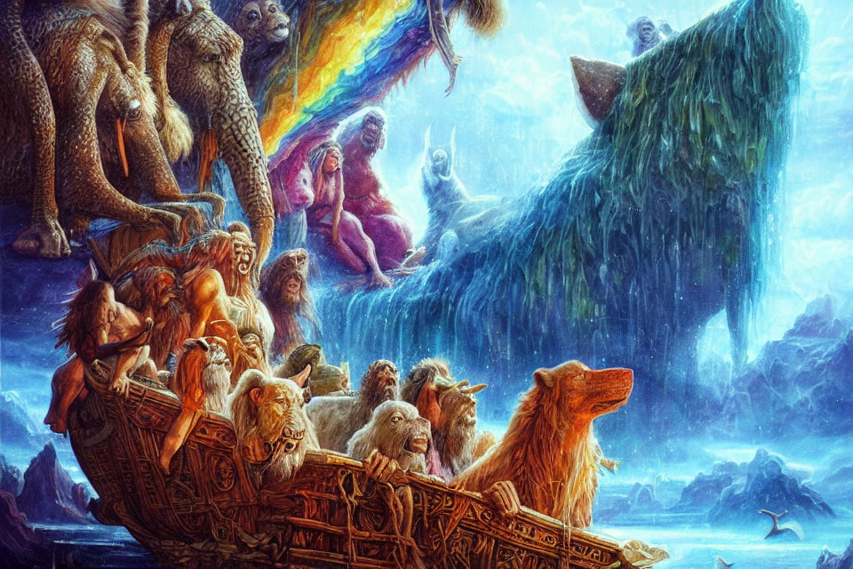 Vibrant Noah's Ark scene with animals, people, rainbow, and waterfall