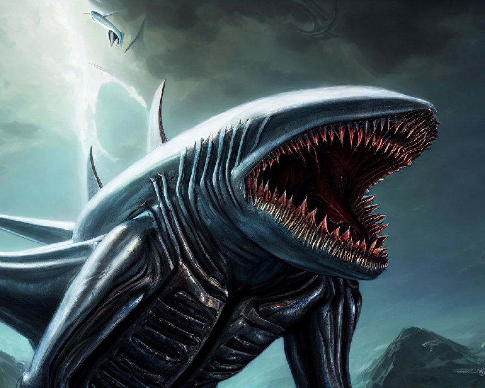 Menacing shark-like creature with armored body in gloomy sky.