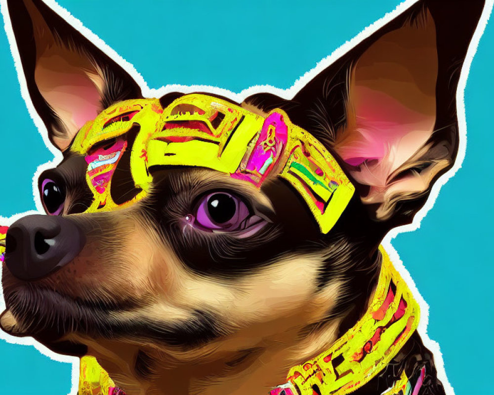 Chihuahua Illustration with Vibrant Headband on Teal Background