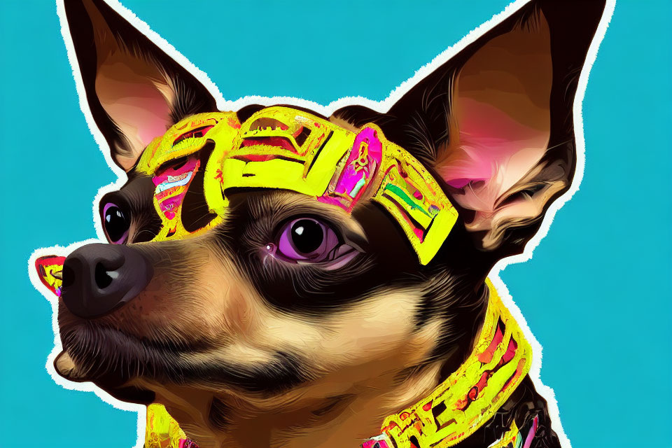 Chihuahua Illustration with Vibrant Headband on Teal Background