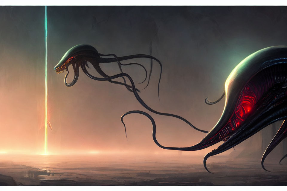 Elongated-headed alien creatures in misty landscape with light beam