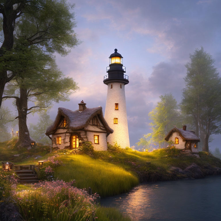 Tranquil dusk setting with lighthouse, cottage, stream, and greenery