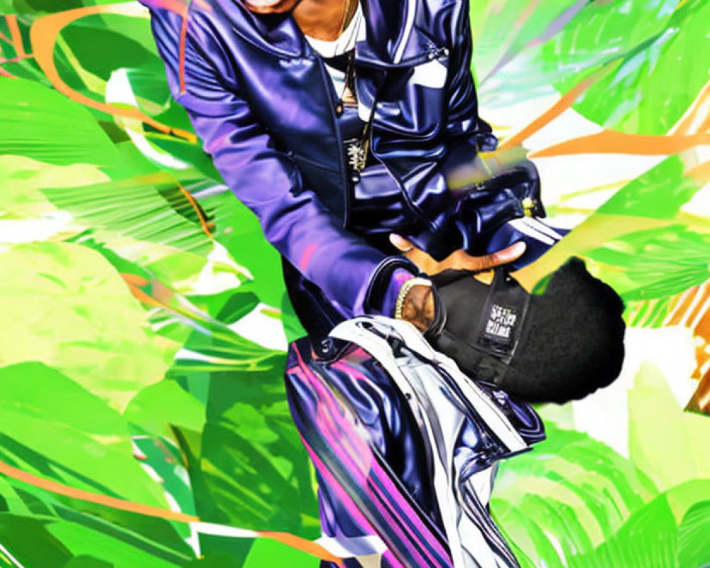 Blonde dreadlocked person in blue and purple outfit against green tropical backdrop