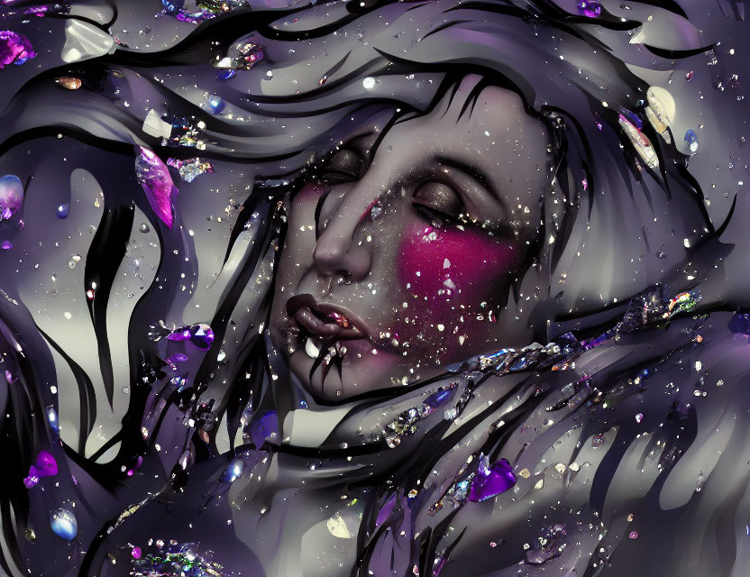 Digital artwork: Woman's face with closed eyes, dark flowing hair, colorful gemstone-like fragments on