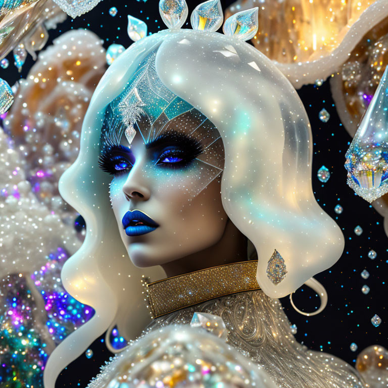 Fantasy digital artwork of blue-skinned figure with crystal adornments