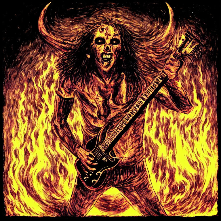 Skeletal figure with horns plays electric guitar in fiery scene