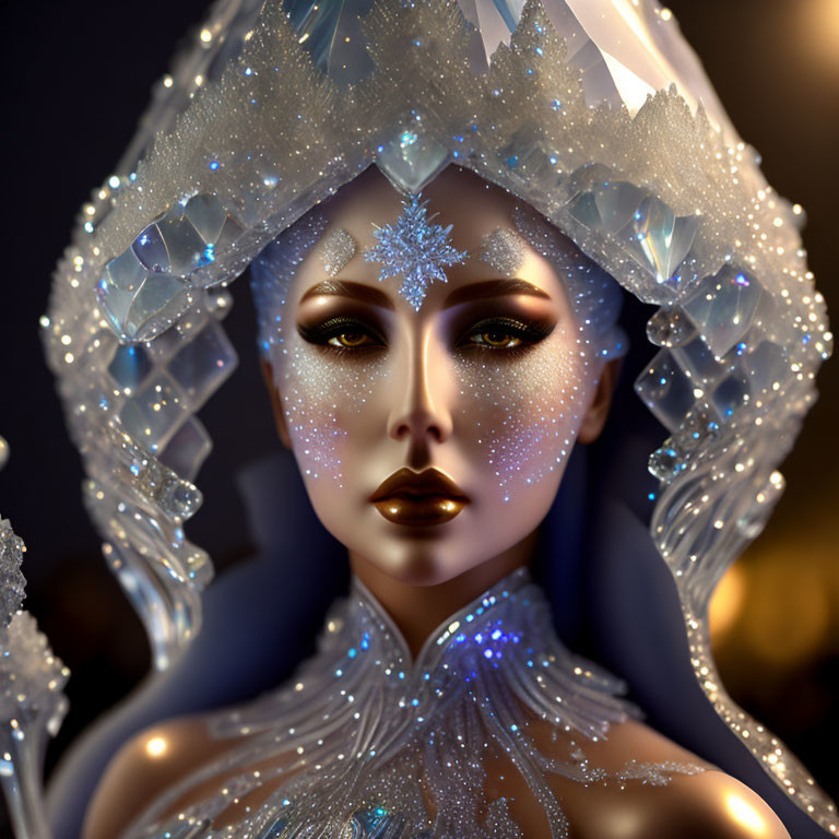 Digital artwork of woman with crystal crown and snowflake adornment in shimmering blue outfit.