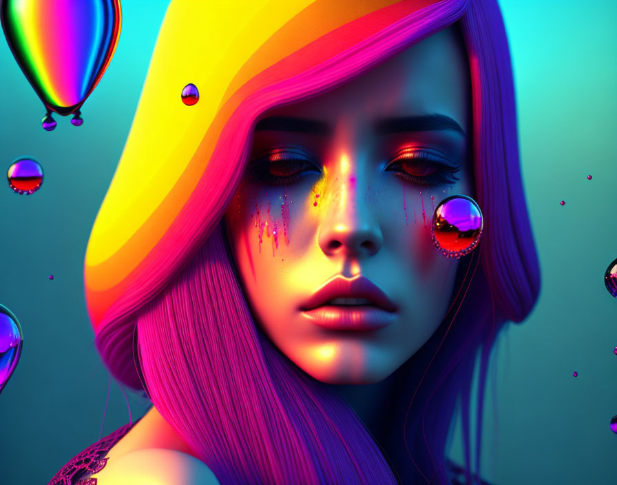 Colorful digital artwork: Woman with purple hair and yellow hat in bubble-filled scene