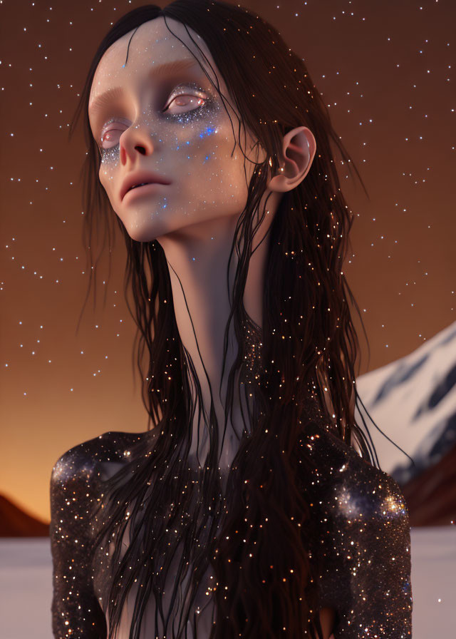 Digital Artwork: Female with Starry Makeup and Glittery Outfit in Twilight Sky Scene