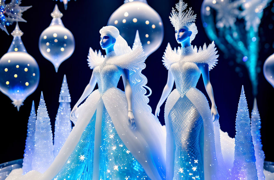 Elegant ice queen figures in wintry landscape with sparkling trees.