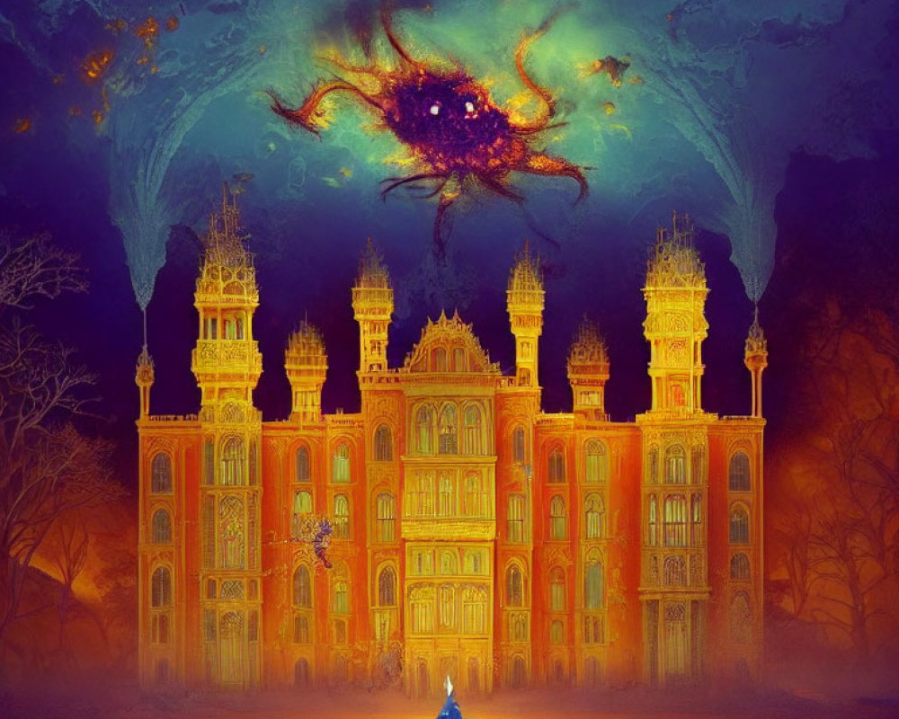 Person in Blue Cloak Stands Before Glowing Golden Palace