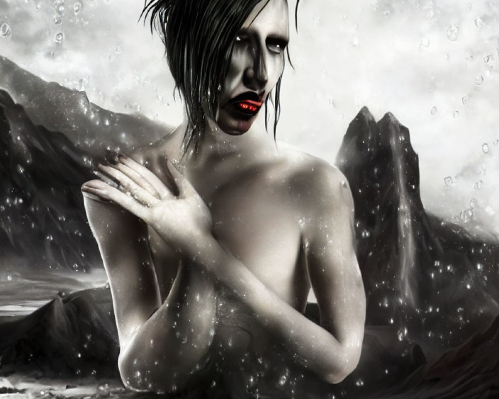 Ghostly figure with red lips in mountainous scene with raindrops