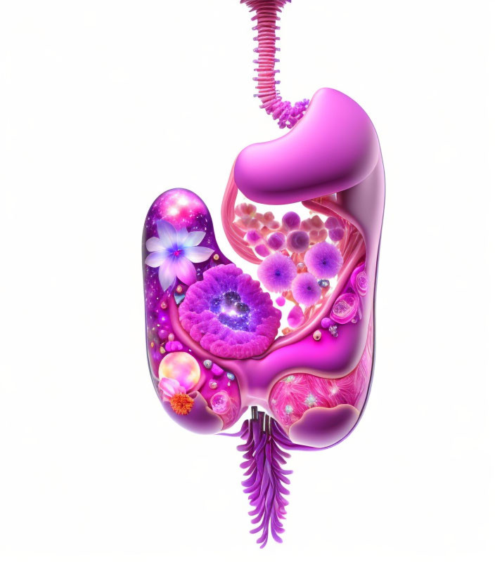 Vibrant human stomach illustration with floral patterns and digestive elements