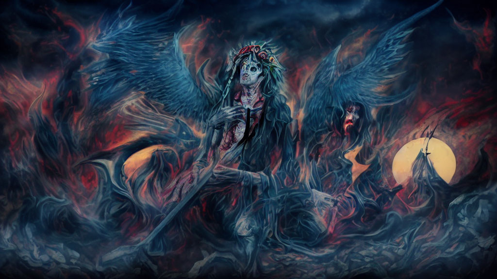 Dark Fantasy Illustration: Winged Skeleton in Flames under Full Moon